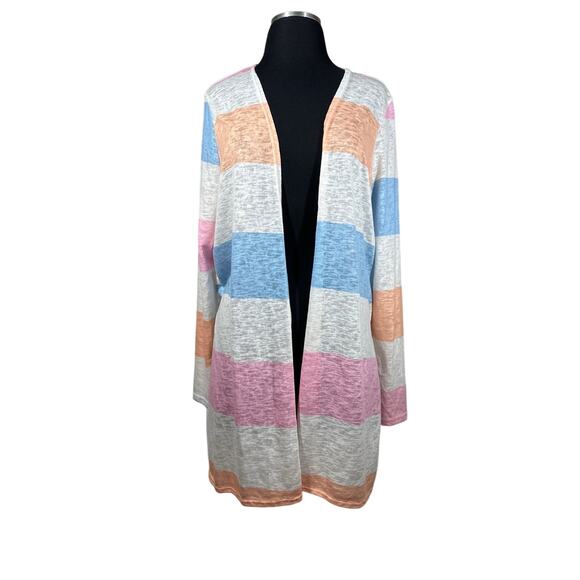 BiBi Sweaters - BiBi Women's Lightweight Longline Open Cardigan Sweater Striped Pastels Size M